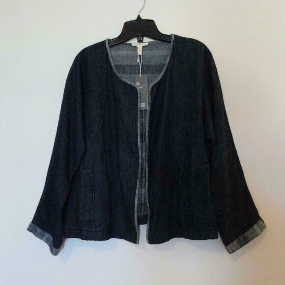 NWT EILEEN FISHER Denim Cotton Indigo Doubleweave Open Round Neck Jacket Medium - Picture 6 of 7